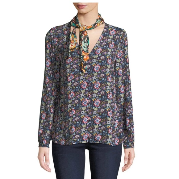 Frame • Open Scarf V-Neck Long-Sleeve Floral-Print Blouse - Picture 1 of 6